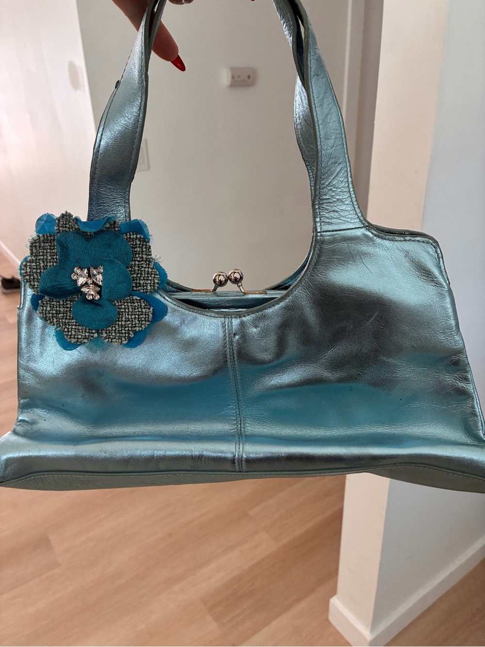 Nordstrom Metallic Teal Shoulder Bag with Floral Accent